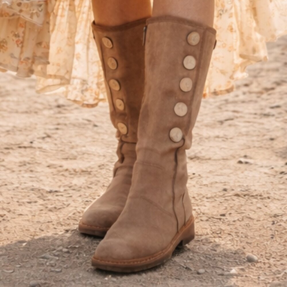 UGG Lo Pro Button Tan Leather Sheepskin Mid Calf Boots Size 6